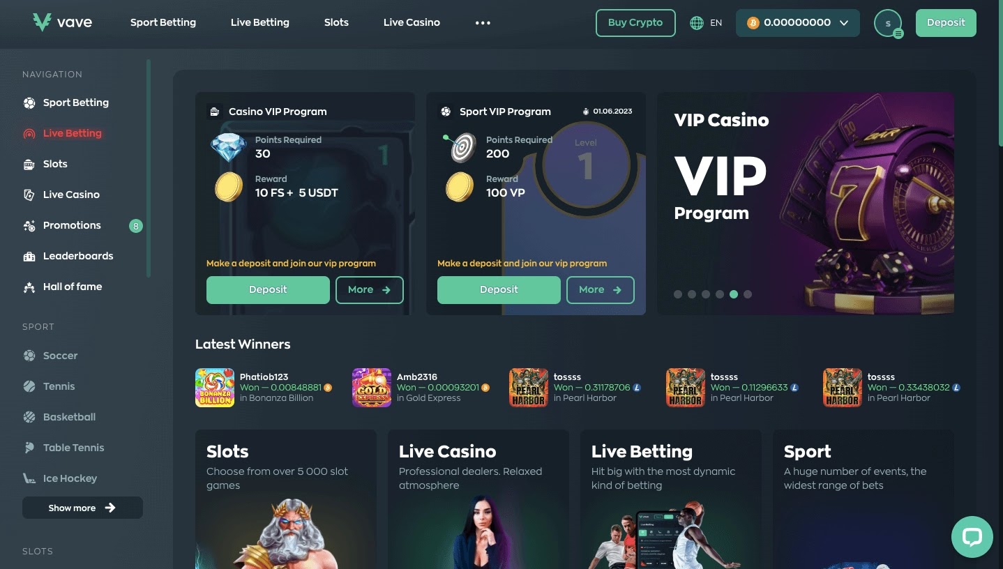 Vave Casino live betting website page